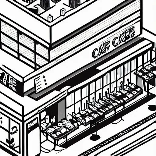 Prompt: hand - drawn minimalistic line portrait of cannabis cafe, isometric, inked, digital art