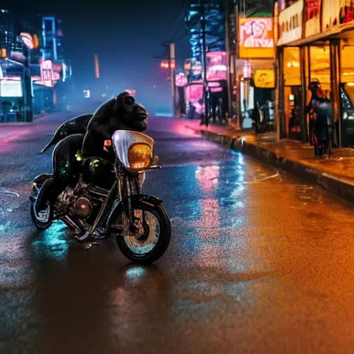 Image similar to a gorilla is riding a motor cycle in a cyberpunk city, shot from far away, during night, raining, many puddles on the street where the shiny motorcycle is reflected in