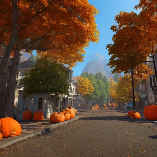 Prompt: pretty colonial city street with shops and pumpkins, maple trees with fall foliage, new hampshire mountain, stone walls, volumetric, realistic, cinematic lighting, ray tracing, unreal engine 5, octane render, hyper realistic, photo, 8 k