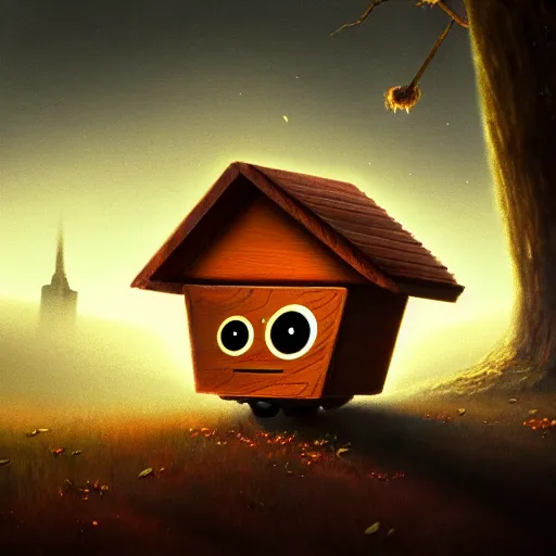 Prompt: a walking cute wood house with two mechanical legs and two glowing eyes and a mouth, rust, hyperrealistic, pareidolia, highly detailed, cinematic, single ray of sun, fog, city in background, beautiful, cgssociety, artstation, 8 k, oil painting