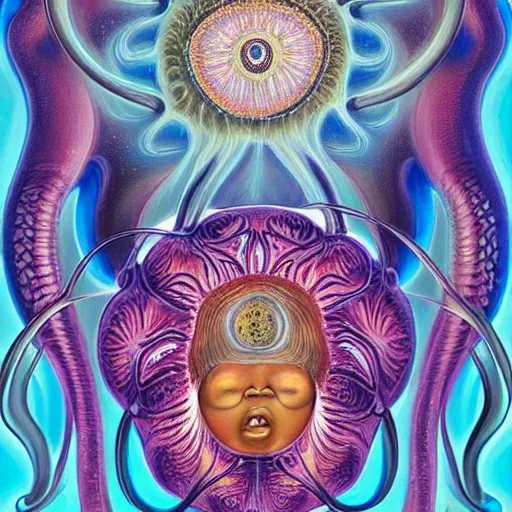 Image similar to album cover featuring a pair of human jellyfish head with a heart shape in the middle of it, an oil painting by Alex Grey, by Earnst Haeckel, by Nychos featured on zbrush central, psychedelic art, lovecraftian, fractalism, airbrush, pastel pinks and blues