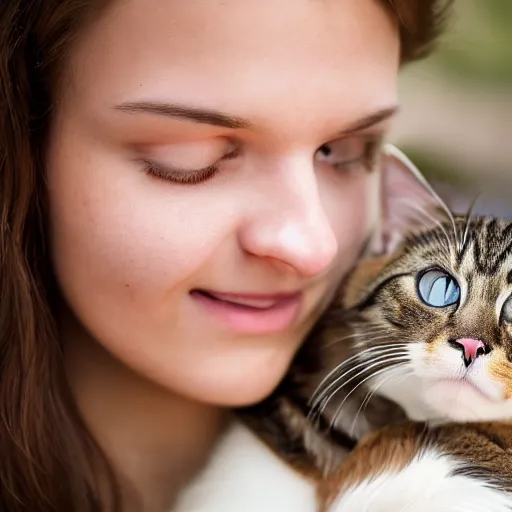 Image similar to a photo of a beautiful young woman holding a cat, ultra high detail, 8 k, award winning photograph.