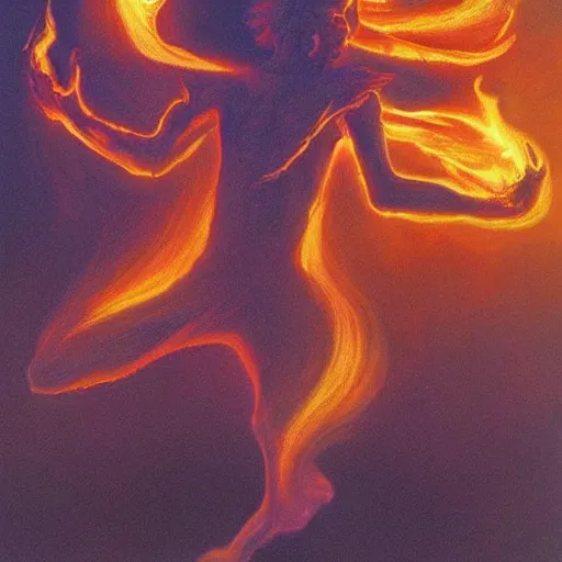 Image similar to fire in the shape of a person dancing, the whispy smoke, fantasy, dnd, illustrated by michael whelan