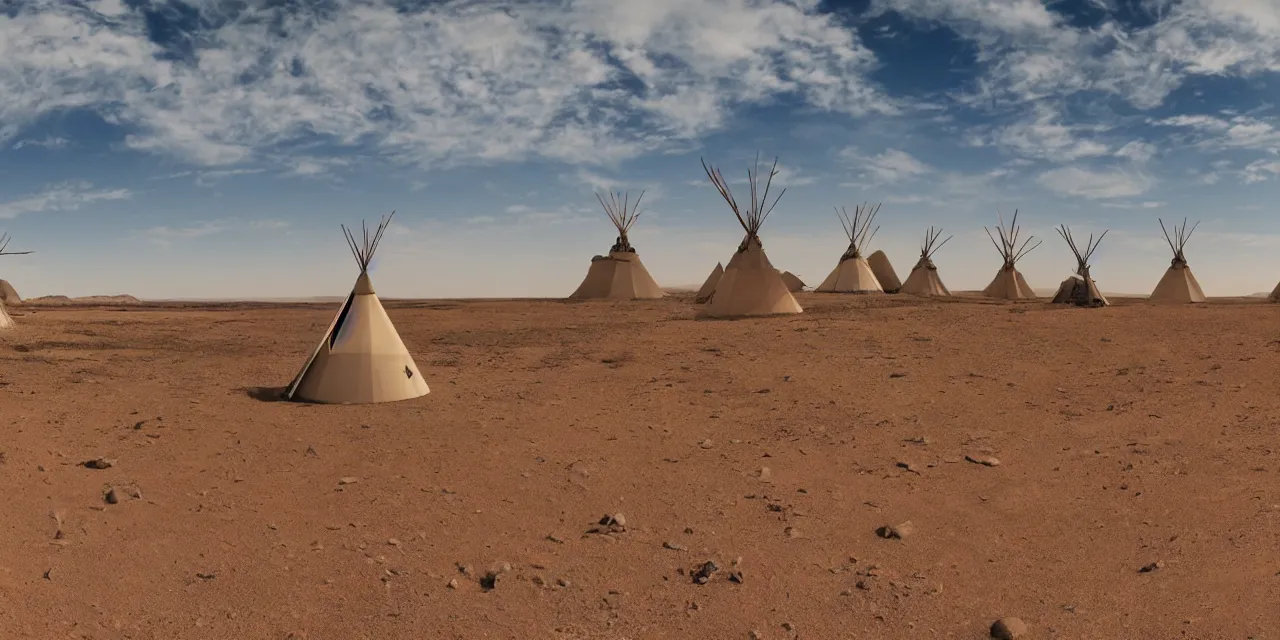 Image similar to equirectangular projection of a western desert meets science fiction movie scene, alien landscape, flying saucer and a native american teepee 8 k