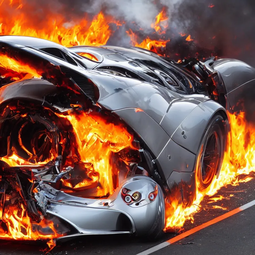 Image similar to close - up of a chrome pagani huayra on fire after a big crash, 8 k, highly detailed, realistic