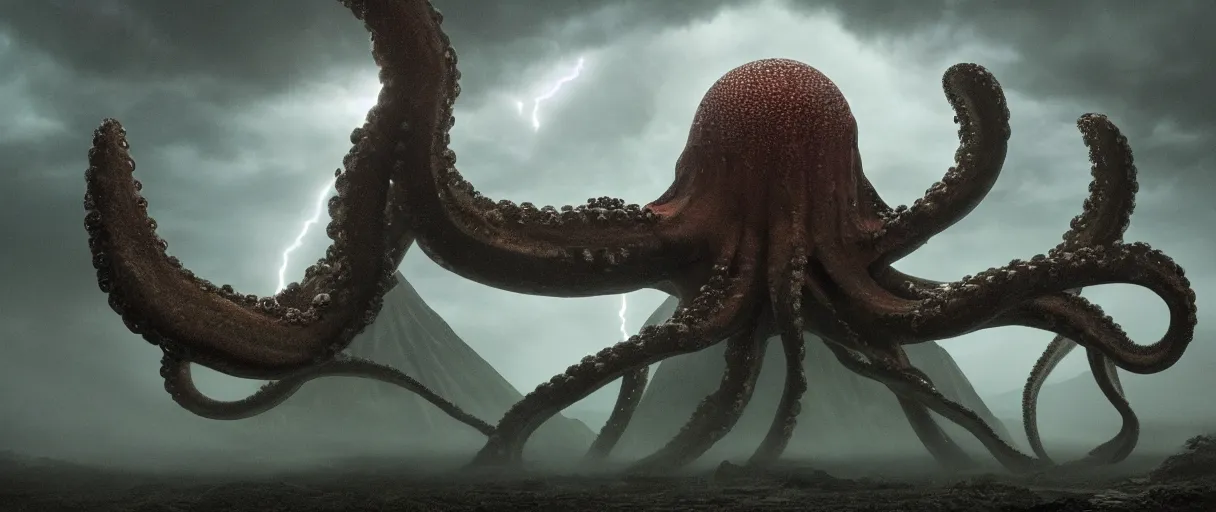 Image similar to a giant octopus god emerging over a rain forest, lightning, ambient sun, a volcano erupts, still from the movie the arrival, 8k