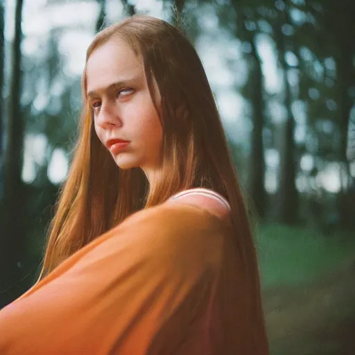 Prompt: a hyper realistic portrait photography of a woman with long hair. agfa vista 4 0 0 film. detailed. depth of field. cinematic. lens flare. grainy film. warm light.