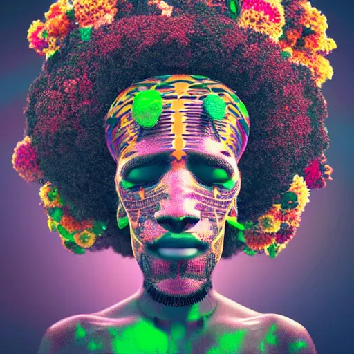 Image similar to an african marijuanna! shaman with an afro made of flowers, third eye art art by machina infinitum, complexity from simplicity, rendered in octane, mandelbulb 3 d, ambient occlusion, macro photography, felt!!! texture, tribal, neon! retrowave