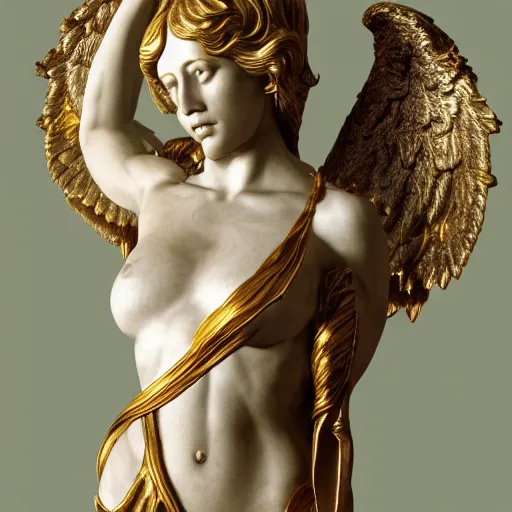 Image similar to high quality smooth render of statue of angel, made of white marble with gold veins, on the dark magenta background, hyper realistic, hyper detailed, by johannen voss, by peter kemp, by monia merlo, by michelangelo, octane render, vivid colors