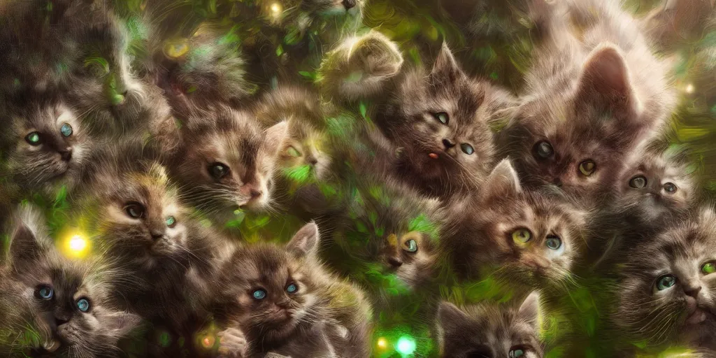 Prompt: of a beautiful group of Hyperrealistic kittens in a dark scary smokey surreal jungle, macro lens, ultra shallow depth of field, highly detailed, digital painting, trending artstation, concept art, vibrant colors, illustration, cinematic lighting, vibrant colors, photorealism, epic, octane render