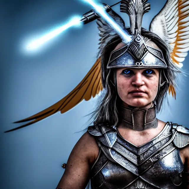 Image similar to photo of a valkyrie warrior with light powers, highly detailed, 4 k, hdr, smooth, sharp focus, high resolution, award - winning photo