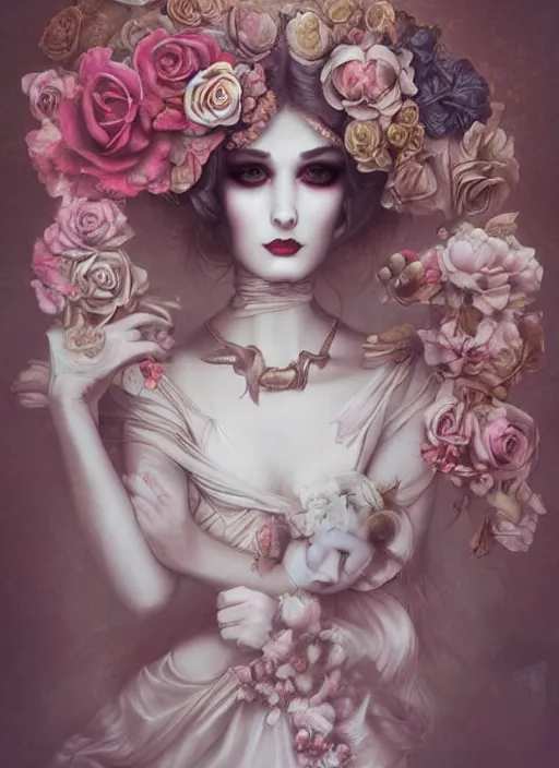 Image similar to pop surrealism, lowbrow art, dress, realistic flowers painting, hyper realism, muted colours, rococo, natalie shau, loreta lux, tom bagshaw, mark ryden, trevor brown style