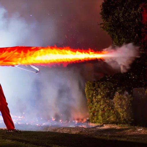 Prompt: photo of a clown using a flamethrower projecting a long bright flame towards a house fire, award-winning, highly-detailed, 8K