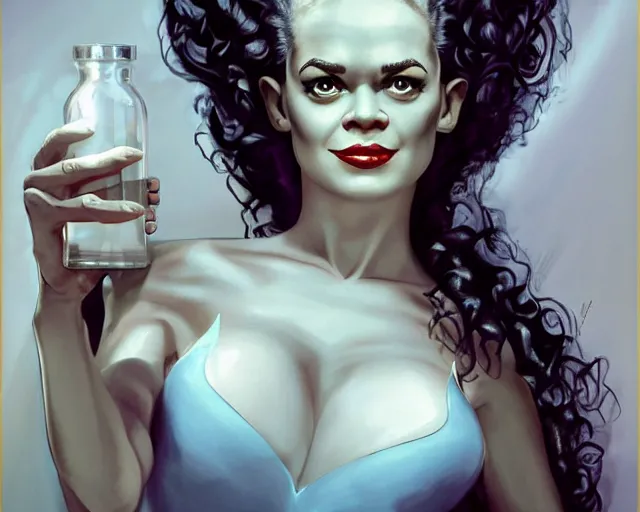 Image similar to phtorealistic modern pin up of the bride of frankenstein posing in a bed in the room of a sanatarium, full body, campy color scheme, realistic, center, smooth, golden ratio, detailed, aly fell, daniela uhlig