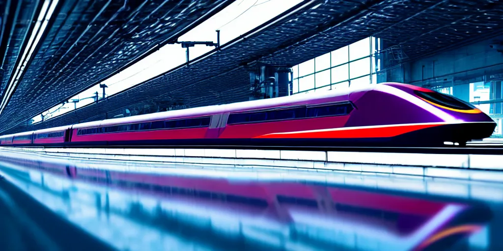 Prompt: cyberpunk maglev train riding though futuristic station, futuristic cityscape in background, gorgeous lighting and metallic reflection, eurostar, maroon and blue accents, 8k, high detail