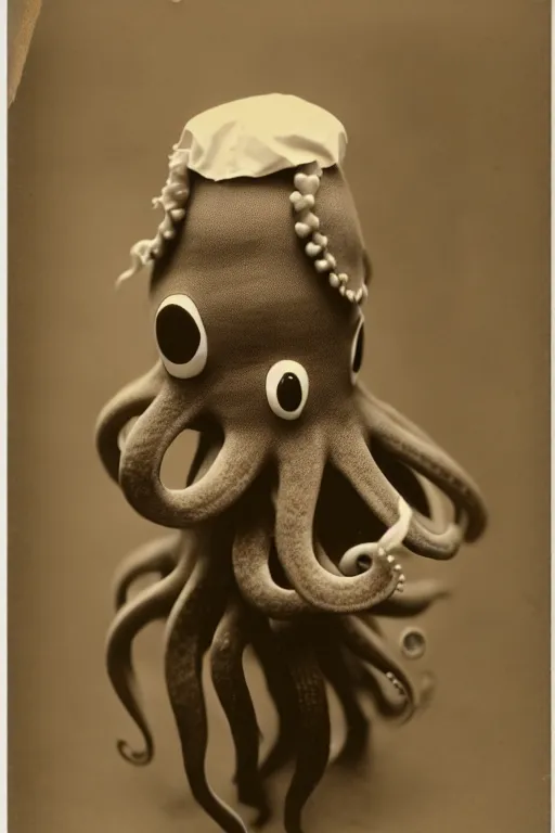 Image similar to anthropomorphic octopus , wearing a suit, tentacles spilling out of the collar, vintage photograph, sepia