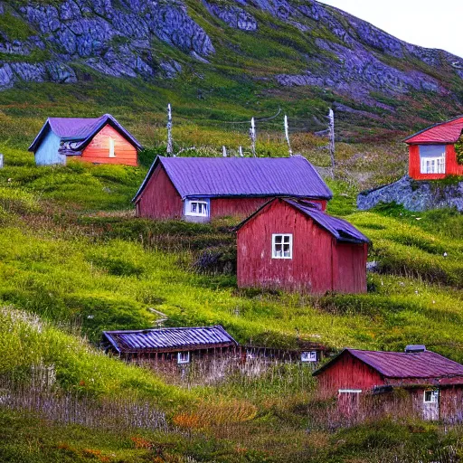 Image similar to overgrown norwegian village at the coast, sunset, arctic, beautiful, impressionist art