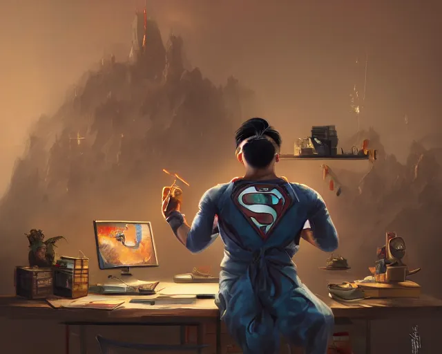 Image similar to an insanely detailed painting of a nerdy asian man wearing a superhero costume, sitting at a desk, staring at the nervously at the computer and typing, in the style of peter mohrbacher, dramatic lighting and composition, surreal background, octane render, pixar, trending on artstation, concept art, comic book, view from behind