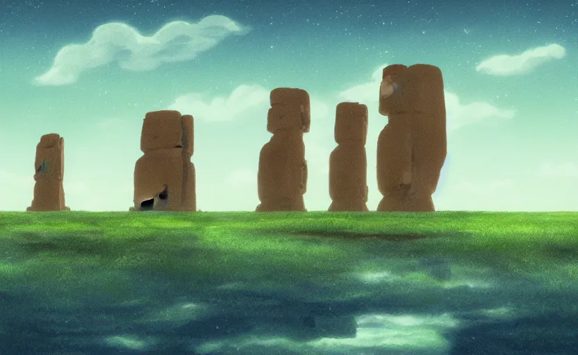 Image similar to a cell - shaded studio ghibli concept art study of a square dimensional portal doorway in a flooded monument valley easter island on a misty starry night. water is flowing out of the mouth of the portal. very dull colors, hd, 4 k, hq