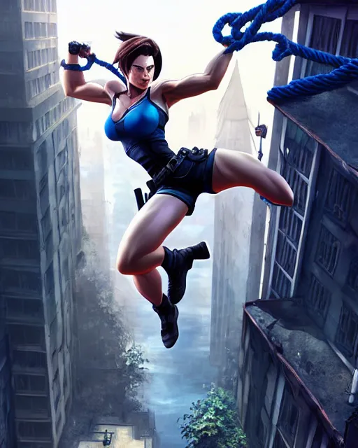 Image similar to gigachad jill valentine bodybuilder swinging from a building with a rope in racoon city, fantasy character portrait, ultra realistic, anime key visual, full body concept art, intricate details, highly detailed by greg rutkowski, ilya kuvshinov, gaston bussiere, craig mullins, simon bisley