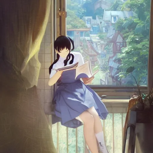 Image similar to a young woman in maid uniform reading a book by Stanley Artgerm Lau, WLOP, Rossdraws, Guweiz, Marc Simonetti, Studio Ghibli, krenz cushart, pixiv, background by James Jean and gustav klimt and John Marshall Gamble, 4k, volumetric lighting, french nouveau, trending on artstation, octane render, hyperrealistic