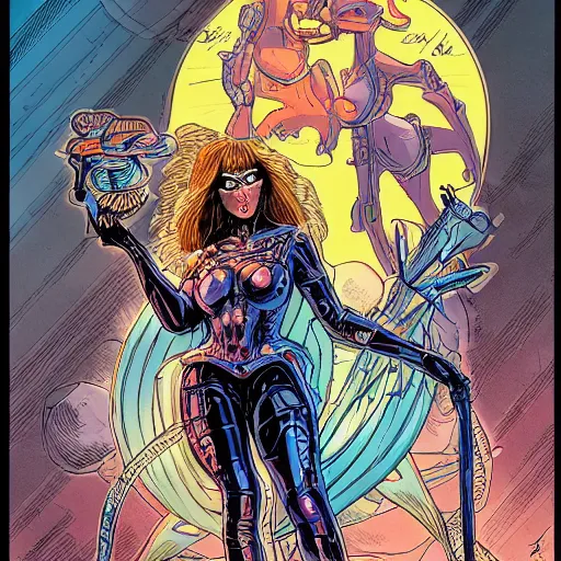 Prompt: precisely drawn illustration of a female divine machine intelligence, wide angle, sharp, fine details, french comic style, vibrant realistic colors, full color, heroic fantasy, intense line art, 8 k, precise linework, realistic, in the style of heavy metal comics and richard corben and moebius