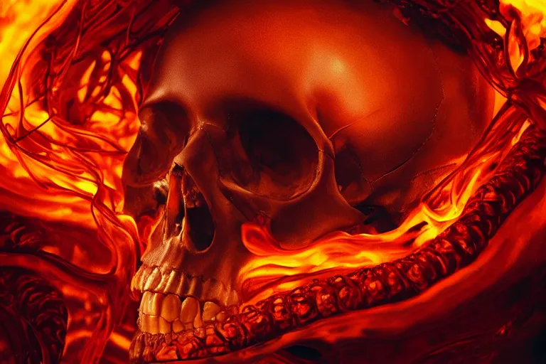 Prompt: human skull enveloped in a liquid flame simulation, fiery tendrils, glowing highlights, intricate, cinematic, hyper realism, 8k, depth of field, bokeh, iridescent accents, artwork by Tooth Wu and wlop and greg rutkowski