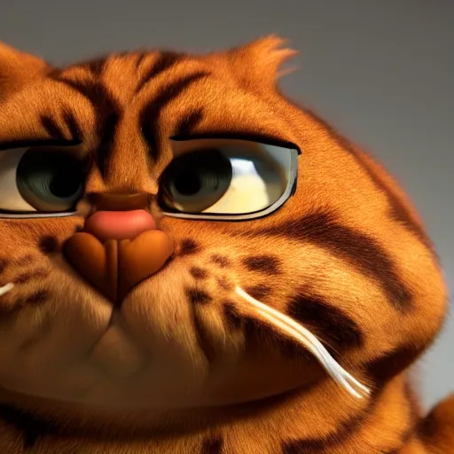 Image similar to still photo of garfield, highly detailed, photorealistic portrait, bright studio setting, studio lighting, crisp quality and light reflections, unreal engine 5 quality render