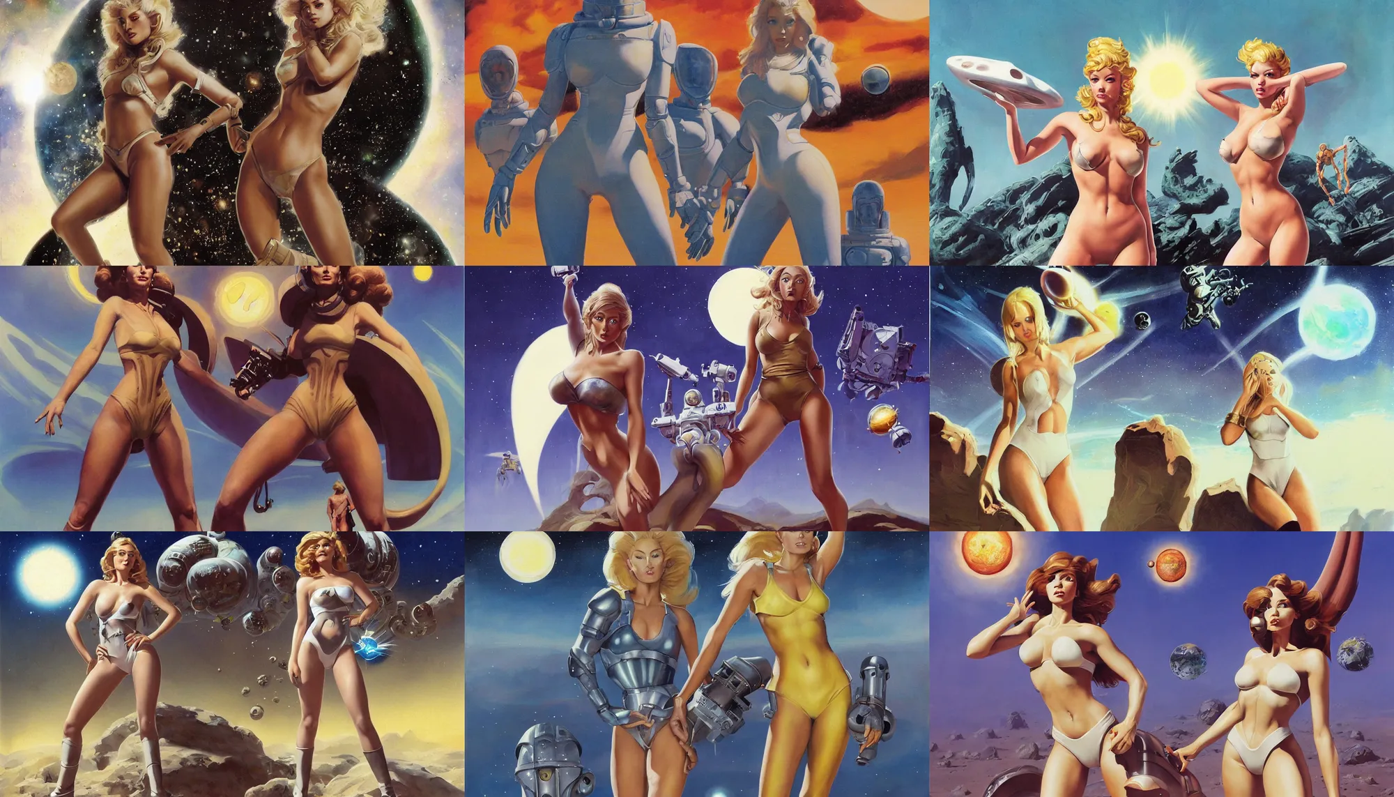 Image similar to A mixed media portrait painting of a beautiful blonde brunette woman exploring an alien planet with three suns, very curvy, aesthetic! high-waisted white-bikini-armor and boots, holding raygun, aesthetic symmetrical face and eyes, model, Scandinavian, wet, discarded mechsuit in background, by Frank Frazetta, Boris Vallejo, Beeple, Greg Rutkowski, Christian MacNevin, eighties-pinup style, epic fantasy character art, high fantasy, CGsociety, exquisite detail, post-processing, masterpiece, cinematic
