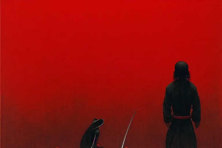 Image similar to only with red, a red samurai harakiri, tokio, a lot of frogs watch, in the style of beksinski, parts by edward hopper, parts by rodcenko, parts by yue minjun, intricate and epic composition, red by caravaggio, insanely quality, highly detailed, masterpiece, red light, artstation, 4 k