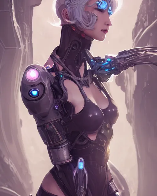 Image similar to holy cyborg necromancer girl, elegant, perfect face, scifi, futuristic, utopia, garden, illustration, atmosphere, warframe, blue eyes, white hair, blade runner, artstation, nier automata, highly detailed, art by yuhong ding and chengwei pan and serafleur and ina wong