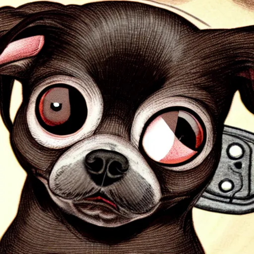 Image similar to a dark brown chihuahua, hyper detailed, in the style of junji ito!!!!!!, selfie shot straight on angle