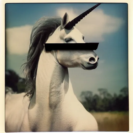 Prompt: grainy head to shoulder portrait polaroid film photograph of a unicorn in a national state park wearing aviator shades. super resolution. surreal. extremely detailed. polaroid 6 0 0 film. by annie leibovitz and richard avedon