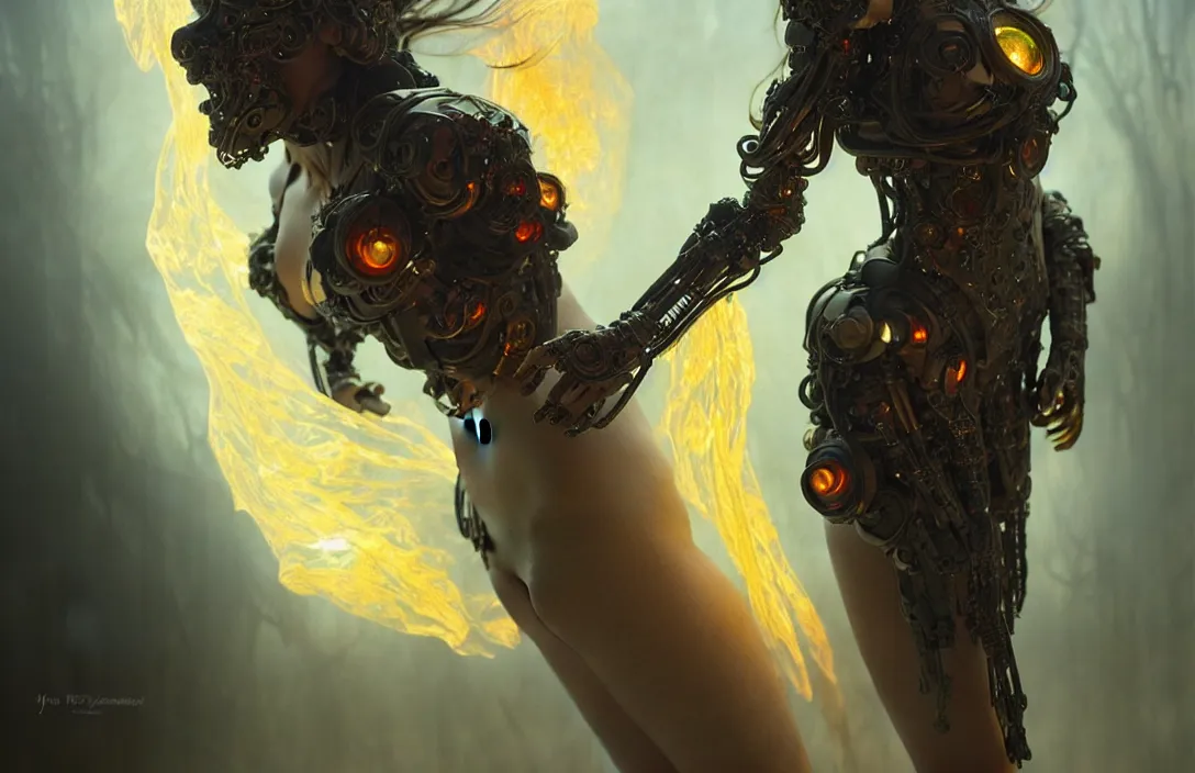 Prompt: translucent cyborg with flaming eyes, veiled in mist, heroic lighting, dark fantasy, intricate, elegant, highly detailed, lifelike, photorealistic, digital painting, artstation, illustration, concept art, smooth, sharp focus, art by John Collier and Albert Aublet and Krenz Cushart and Artem Demura and Alphonse Mucha