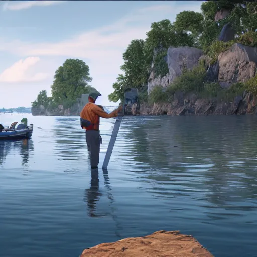 Image similar to Fishermen can be seen fishing at the beginning of the episode as the French Narrator explains their dangerous effects on aquatic species, Realistic, HDR, 8K, HDD, Unreal Engine 5,