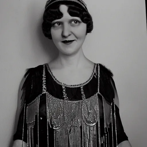 Image similar to a portrait photo of a 1 9 2 0 s woman with a slight smile in a flapper dress, highly detailed, dark, atmospheric, lovecraft