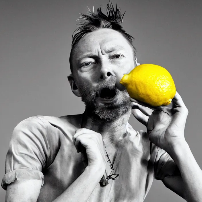 Prompt: thom yorke sucking a lemon. pg. highly detailed