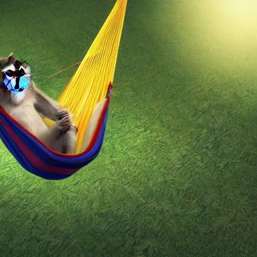 Image similar to digital art of a monkey laying in a hammock eating a banana, octane render, 8 k render, saturated, dynamic lighting