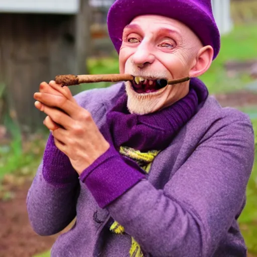 Prompt: bald purple goblin with yellow eyes, wearing a hat and a scarf, smoking a cigar, smiling, earrings, rotten teeth