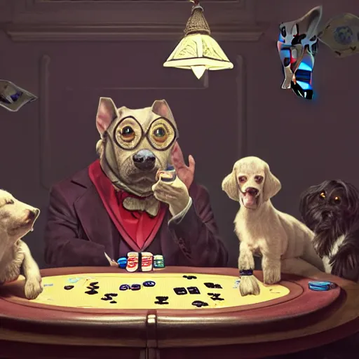 Image similar to a highly detailed matte portrait mister bean playing poker with dogs, standing at a card table, art by artgerm and greg rutkowski and alphonse mucha, volumetric lighting, octane render, 4 k resolution, trending on artstation, masterpiece