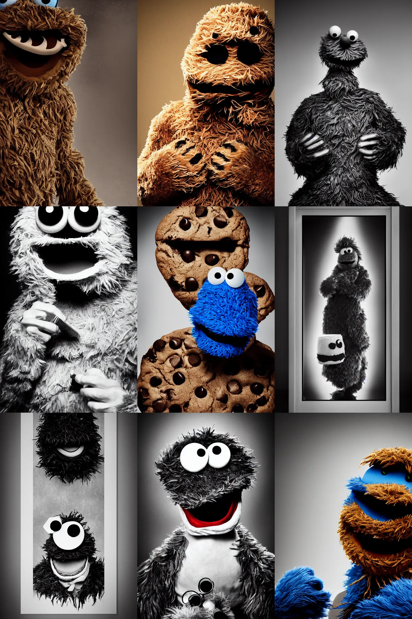 Prompt: epic portrait shot of the cookie monster as a bond villain, dramatic lighting, print ready