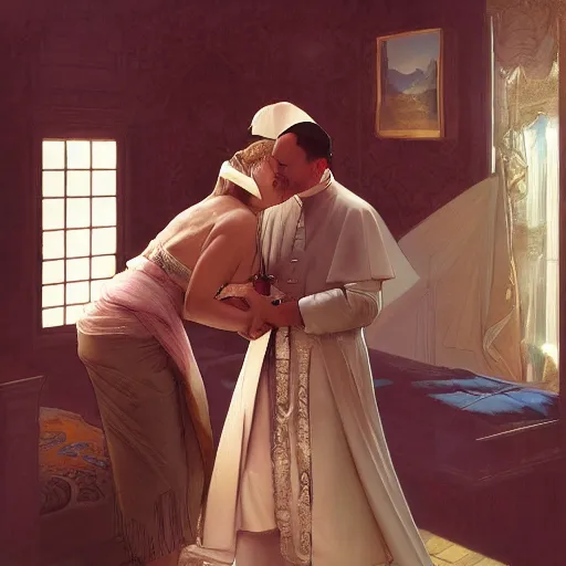 Image similar to photography of a pope making touching a sensual woman in a bedroom, deep focus, intricate, elegant, highly detailed, digital painting, artstation, concept art, matte, sharp focus, illustration, art by artgerm and greg rutkowski and alphonse mucha