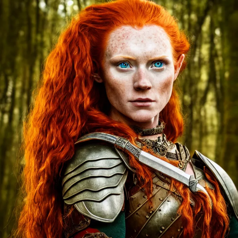 Image similar to 5 5 mm portrait photo of an armored handsome well - built female warrior, red hair, ginger hair, in a magical forest in the style of lord of the rings, highly detailed 8 k. intricate. lifelike. soft light. nikon d 8 5 0. cinematic post - processing