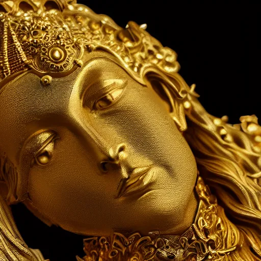 Image similar to epic deatailed golden statue of the King, surrounded by intricate gold lace metalwork on a black smokey background, close up face, modern art, trending on Artstation