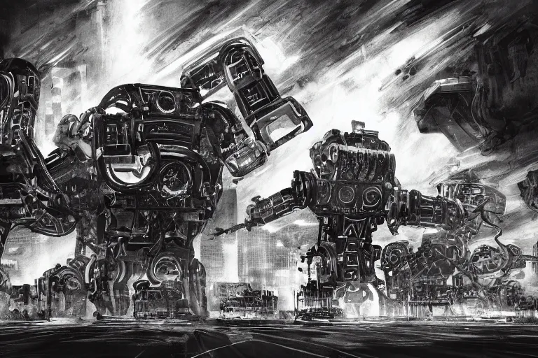 Image similar to ''robotic giant machines, chaotic atmosphere, blurry, cinematic, drawing''