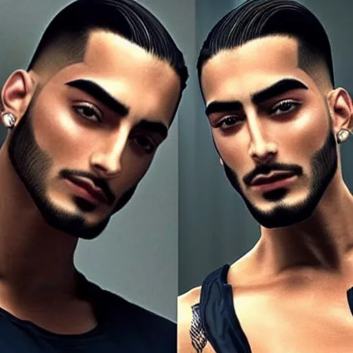 Image similar to a realistic detailed photo of a guy who is an attractive humanoid who is half robot and half humanoid, who is a male android, singer maluma, shiny skin, posing like a statue, blank stare, in a living room, on display, showing off his muscles, with a twin