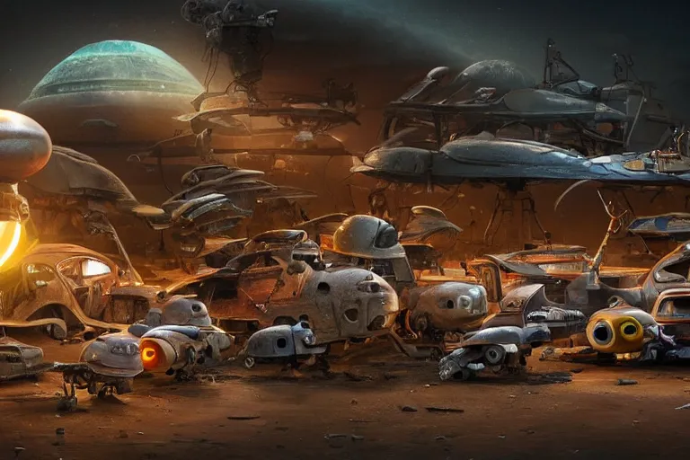 Prompt: spaceship junkyard many small robots working spotlights highly detailed award winning 4k