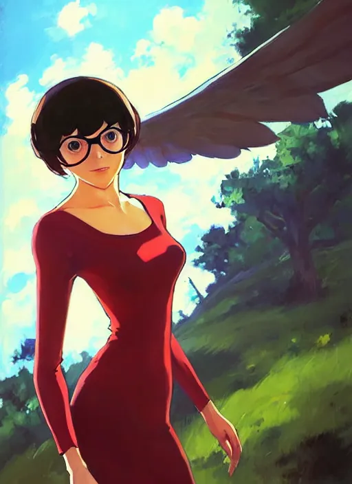 Prompt: Greg Manchess painting of Velma Dinkley in the style of Persona 5, anime style, winged eyelashes, countryside, calm, fantasy character portrait, dark outlines, dynamic pose, above view, sunny day, artwork by Makoto Shinkai, very coherent asymmetrical artwork, sharp edges, perfect face, simple form, 100mm