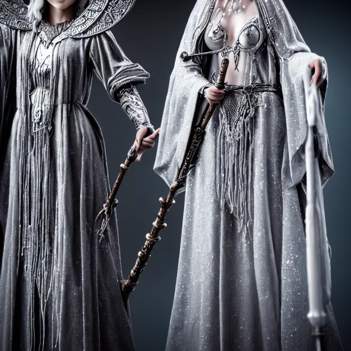 Image similar to photograph of a real-life beautiful moon witch with intricate silver robes and staff. Extremely detailed. 8k