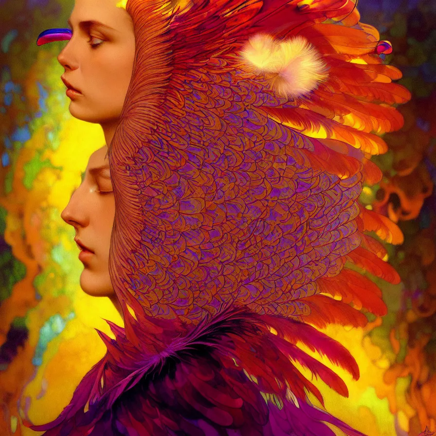 Image similar to face of innocent psychedelic transcendent feather mind bending psychedelic wings of glossy liquid honey flowing like kaleidoscopic translucent holograph, lsd feathers, feathery fluff, enlightenment, high contrast dappled lighting, refracted sunset, highly detailed, concept art, art by collier, albert aublet, krenz cushart, artem demura, alphonse mucha